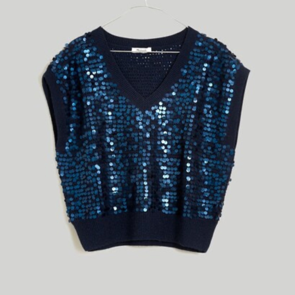 Madewell Blue Sequin-Embellished Sweater Vest Size M